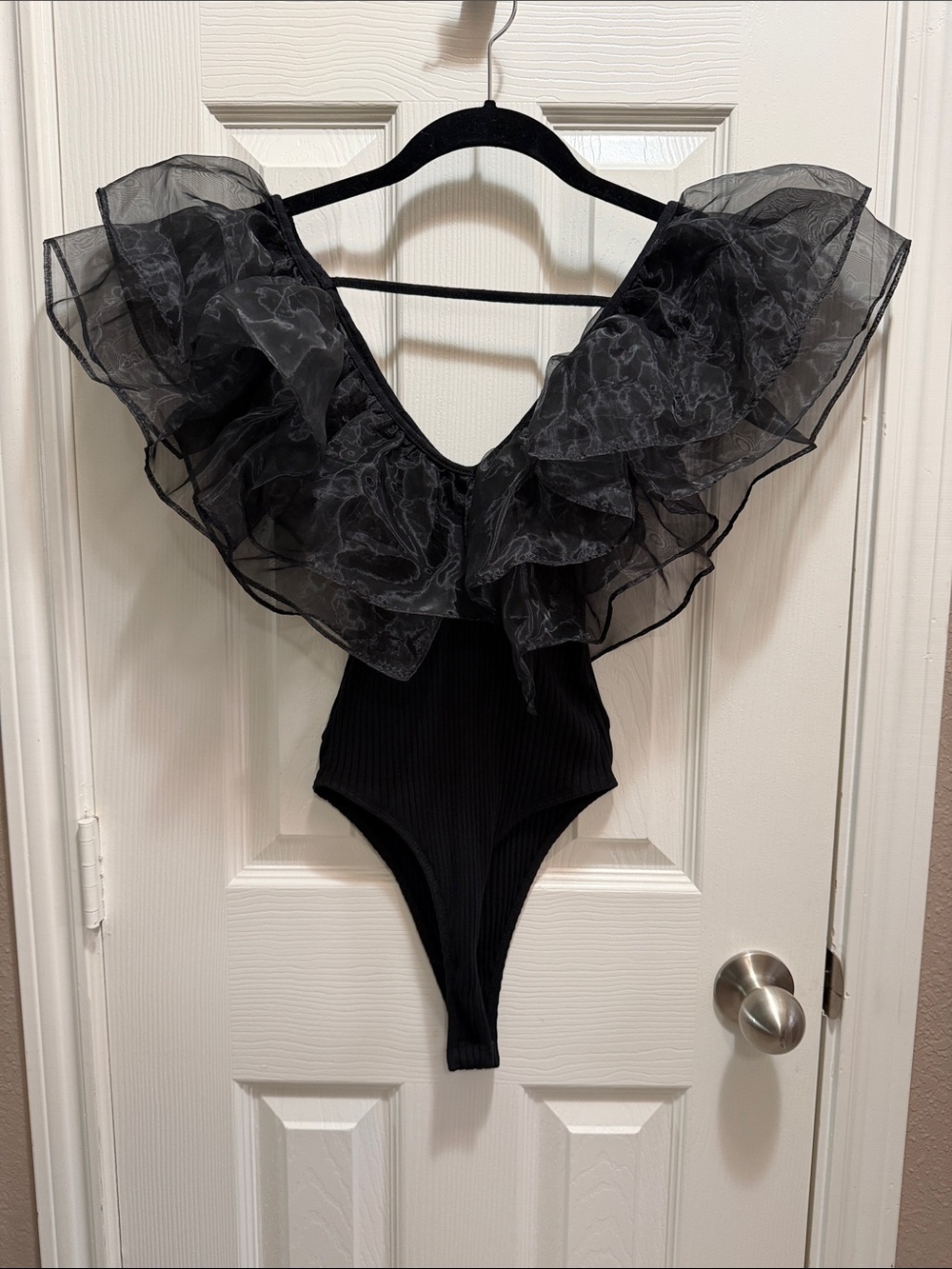 Zara Black Ruffle V-Neck Ribbed Bodysuit